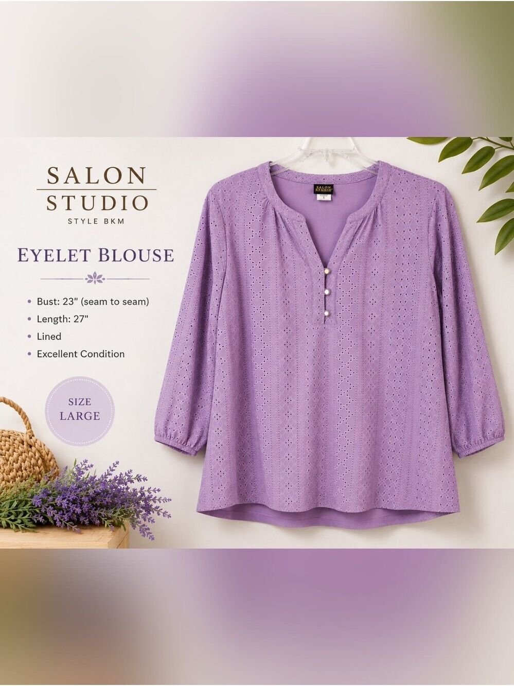 Salon Studio Lavender Eyelet Blouse Pastel Feminine Large